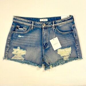 New KanCan Ultra High Rise Denim Shorts Womens XL Shortie Light Wash Frayed Blue